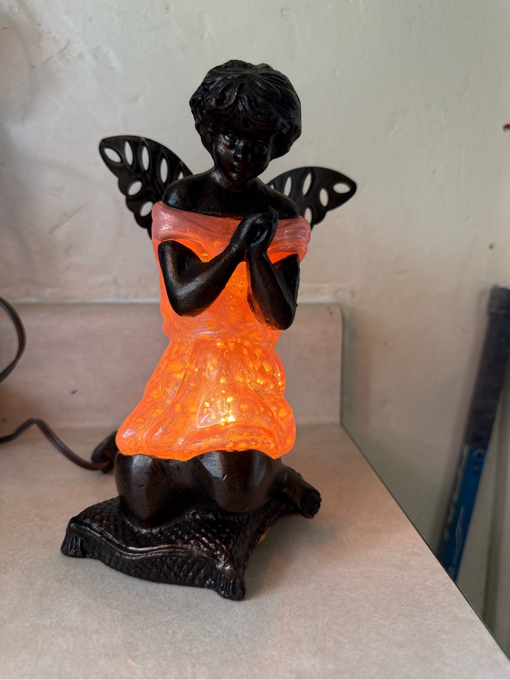 Meyda like Bronzed Floating Fairy praying angle Accent Lamp Glass Works pink